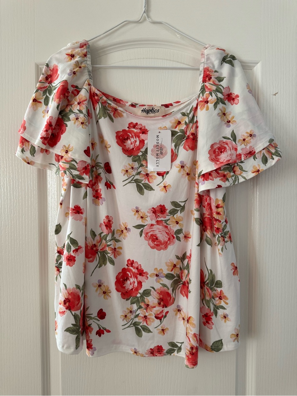 White Floral Ruffle Sleeve Women's Top - Pink & Green Floral Print